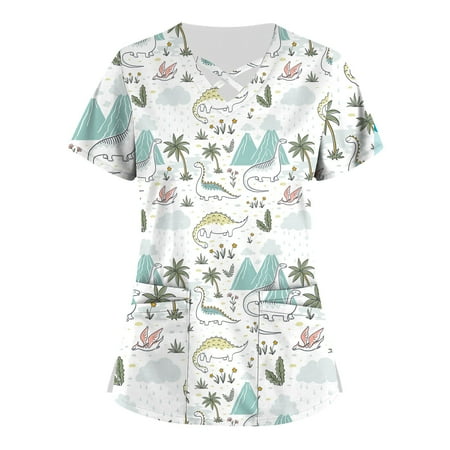 

HIMIWAY Plus Size Cute Printed Scrub Working Uniform Tops For Women Cross V-Neck Short Sleeve Fun T-Shirts Workwear Tee With Pockets