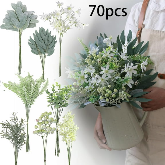 Artificial Greenery Stems Box Set，70 Pcs with 8 Kinds of Faux Greenery Branches Fake Eucalyptus for Wedding DIY Bouquets Floral Arrangement Table Centerpieces