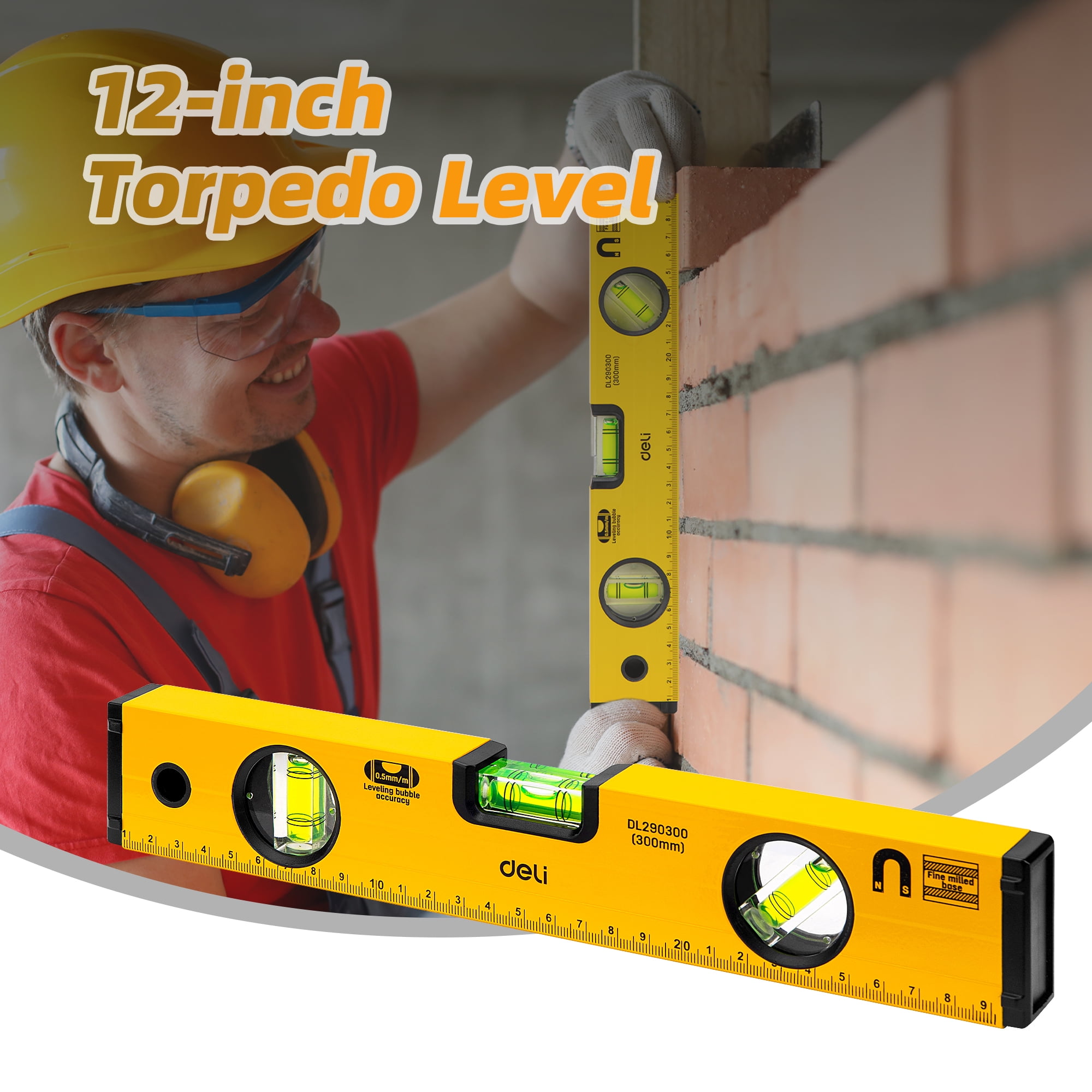 Deli 12-Inch Aluminum Alloy Magnetic Torpedo Level Plumb/Level/45-Degree