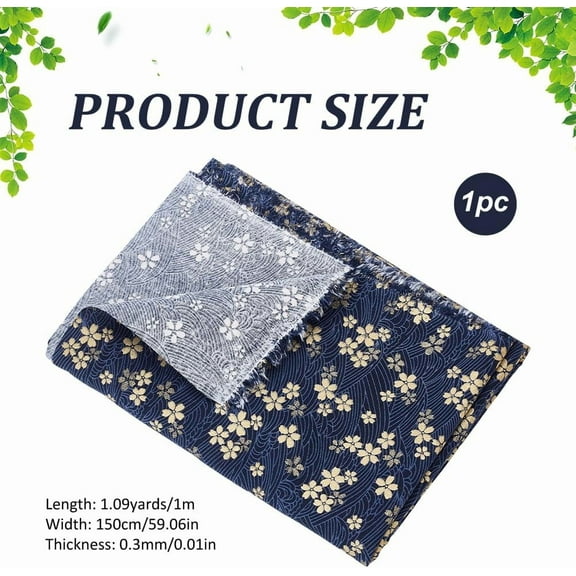 1 Yard 59 Inch Blue Cotton Fabric Japanese Quilting Bundles Gold Cherry Blossoms and Waves Print for Sewing Clothing Bag Tablecloth Sofa Pillow DIY Craft
