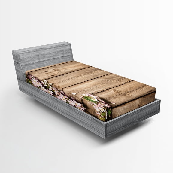 Ambesonne Wooden Fitted Sheet, Blooming Orchard Spring, Twin Size, Pink Brown Green