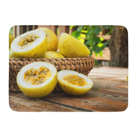 GODPOK Red Passion Fruit in Bamboo Basket Tropical Sour Taste Higth Vitamin Diet Dessert on Wooden Table Yellow Rug Doormat Bath Mat 23.6x15.7