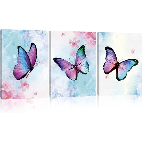 Butterfly Canvas Wall Art Decor 3 Piece Fantasy Girls Wall Art Watercolor Art Print Butterflies for Wall Art Living Room Bedroom Canvas With Wood Framed 12x16 Inch