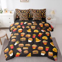 Homewish Kids Funny Fast Food 7-Piece Bedding Comforter Set,French Fries Hamburger King Bedding Sets,Kawaii Cute Ultra Soft Bed Sheets,Breathable Home Decor,Reversible