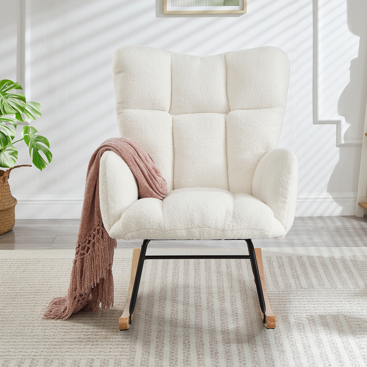Miekor Furniture Glider Chair for Living Room Tufted Upholstered Teddy Fabric Rocking Chair with Metal Frame Accent Chair Ivory White No3898