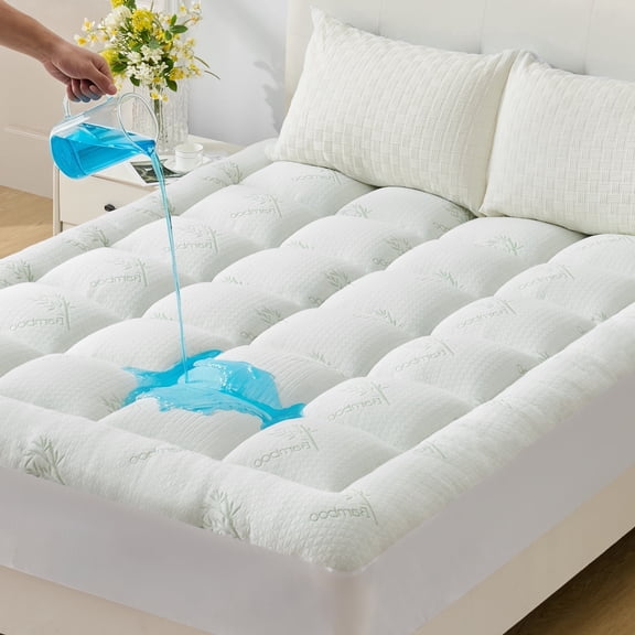 BDEUS Queen Extra Thick Mattress Topper, 2 Inch Quilted Mattress Pad with Rayon from Bamboo Fabric, Water-Resistant TPU Layer, 8-21 Inch Deep Pocket, White/Green