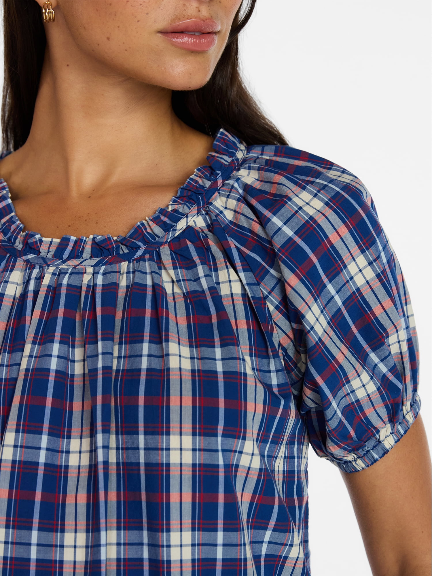 Time and Tru Women's Ruffle Neck Cotton Top with Short Puff Sleeves, Sizes XS-XXXL