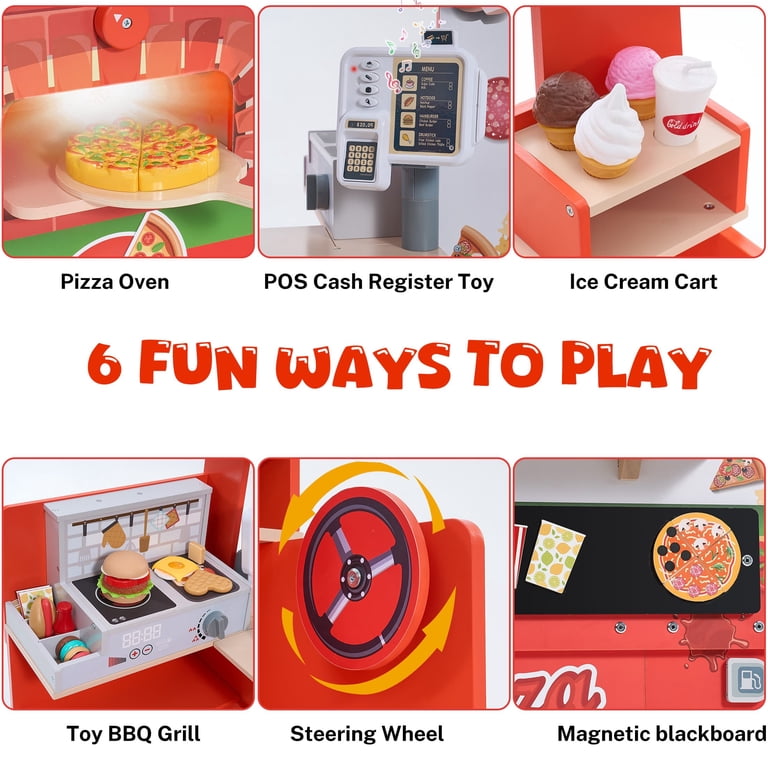 iYofe Wooden Food Truck Toy, Pizza Play Set Pretend Kitchen with