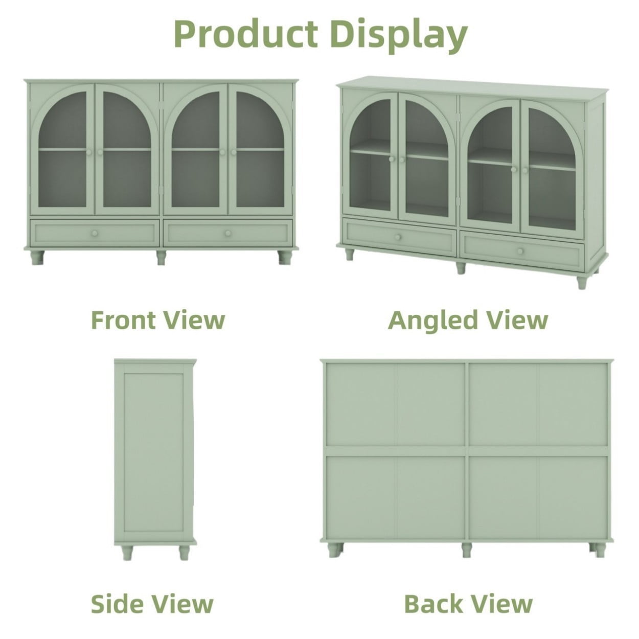 Green Arched Glass Sideboard Cabinet, Buffet Storage Cabinet with 4 Glass Doors & 2 Drawers, Adjustable Shelf Credenza for Kitchen Dining Room Living Room