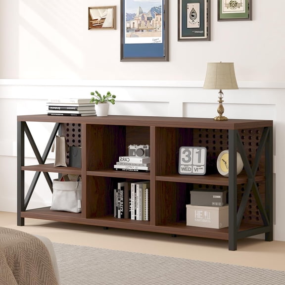Walnut Industrial Rustic TV Stand with Open Shelves, 63 Inch