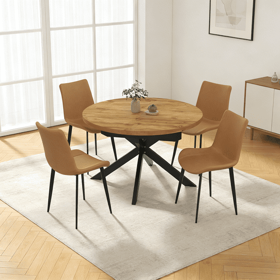 43.2"-59.2" Extendable Round Dining Table Set for 4-6,5 Piece Mid Century Modern Round Kitchen Table Set with 4 Upholstered Chairs for Kitchen Living Room, Space Saving