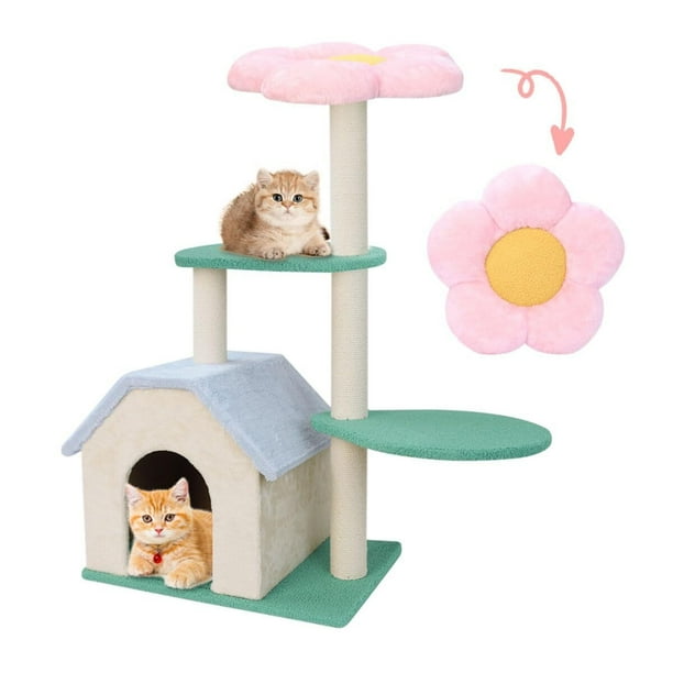 Árbol para Gatos Forma de Flor Rosa con Casa Grande, Torre Rascador de Sisal Natural Alto 95CM, Poste Rascador de Flores Adorable con Plataforma de Salto para Espacio Pequeño, Centro de Juego