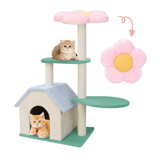 Árbol para Gatos Forma de Flor Rosa con Casa Grande, Torre Rascador de Sisal Natural Alto 95CM, Poste Rascador de Flores Adorable con Plataforma de Salto para Espacio Pequeño, Centro de Juego