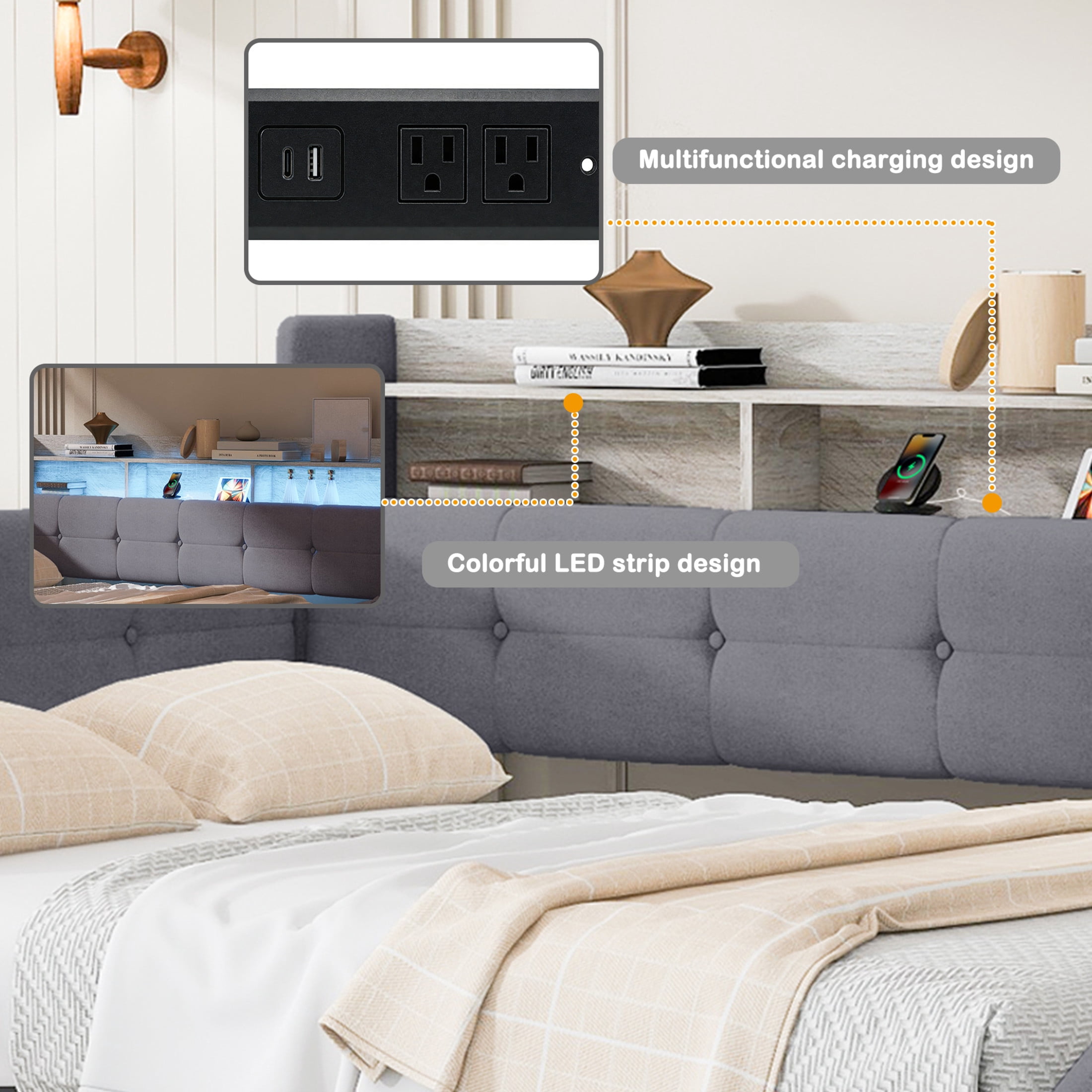 Noble House Brevon Twin Size Upholstered Daybed with Trundle, Built-in USB Charging Station and LED Light, Grey