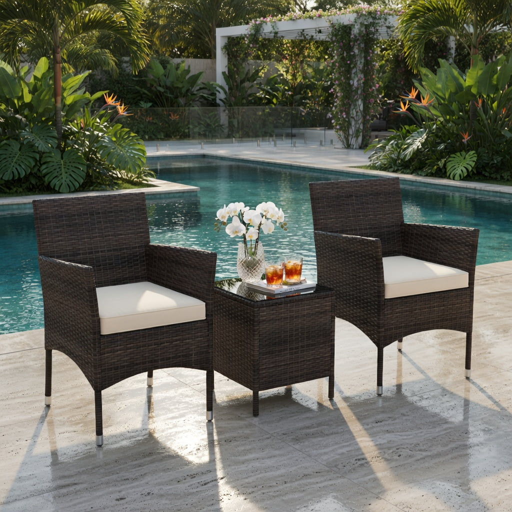 Hommoo 3-Piece Outdoor Wicker Conversation Set, Cushioned Patio Chairs + Tempered Glass Square Coffee Table, PE Rattan, Heavy-Duty Metal Frame, Brown