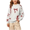 thumbnail image 2 of Winter Sweaters for Girl Cozy Thermal Long Sleeve Crew Neck Cute Bow Printed Pullover Sweater for Daily Casual Family Gathering Wear White 15-16 Years, 2 of 7