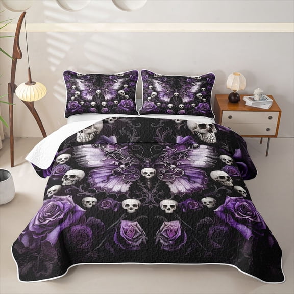 Homewish Halloween Horror Skull Twin Quilt Set,Purple Rose Butterfly Twin Coverlet Set,2pcs