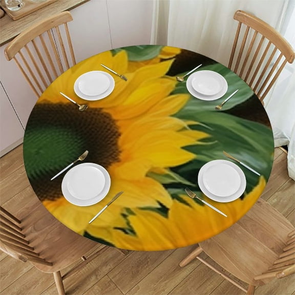 Flower Round Fitted Table Cover, Gold Yellow Elastic Edge Decorative Tablecloths, Waterproof Stain Resistant