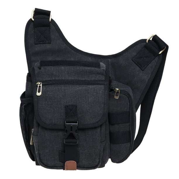 Bolso bandolera de hombro de lona vintage para hombre Bolso bandolera de patchwork de cuero en el pecho (03-4-NEGRO) KAUKKO FH03-4-NEGRO