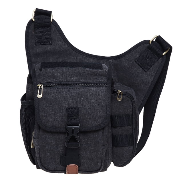 Bolso bandolera de hombro de lona vintage para hombre Bolso bandolera de patchwork de cuero en el pecho (03-4-NEGRO) KAUKKO FH03-4-NEGRO