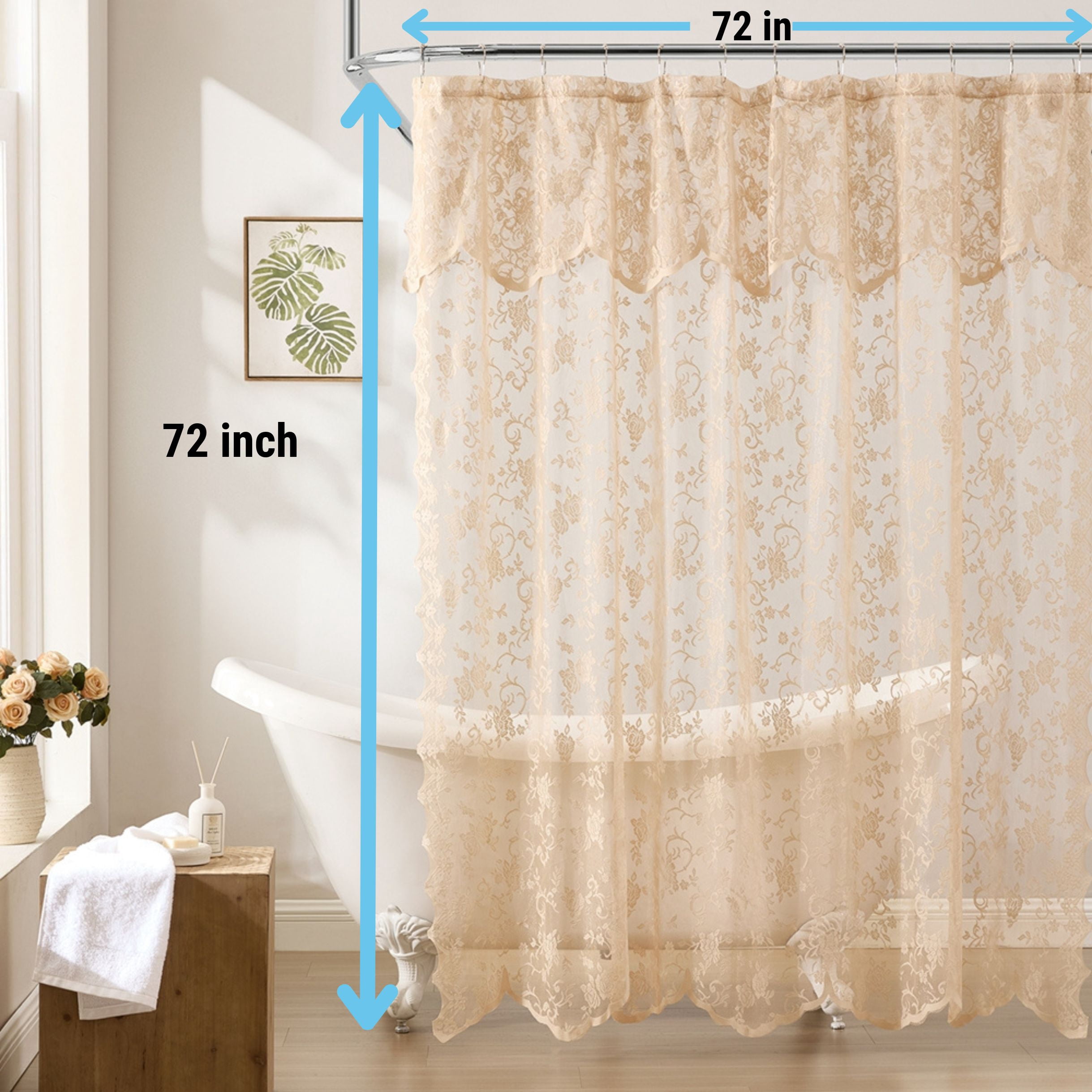 THD Harpy Lace Shower Curtain for Bathroom with Floral Vine Design and Attached Valance – Elegant Victorian Classic Style (Linen Taupe, 72 x 72 Inch)