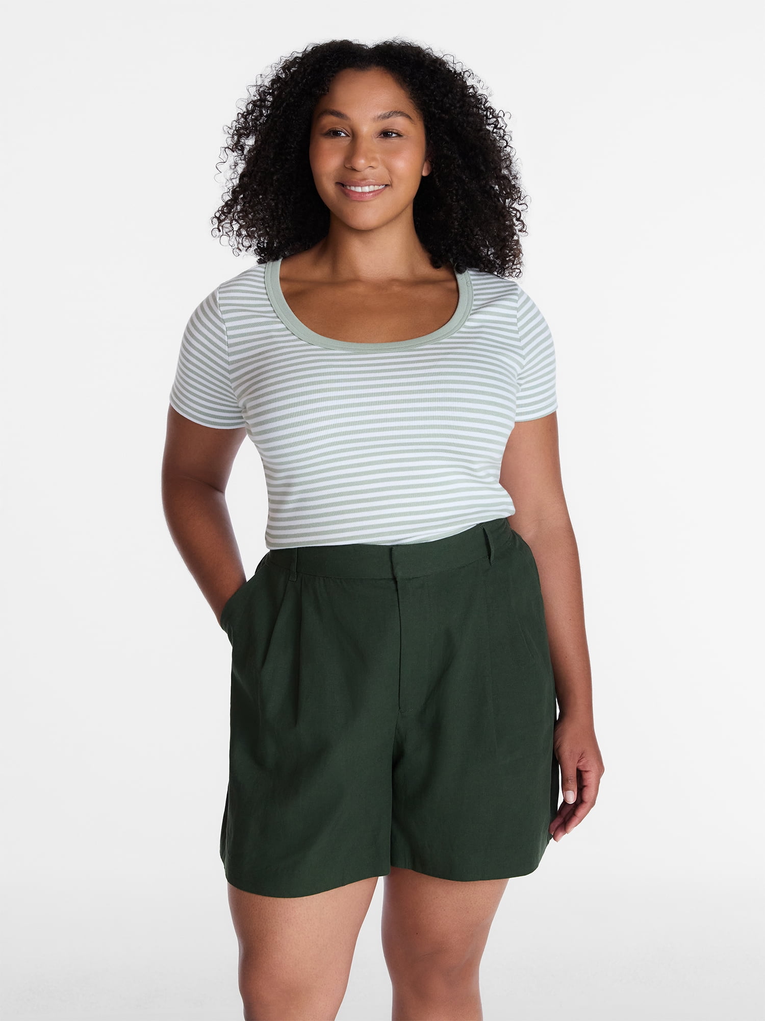 Time and Tru Women's Ribbed Scoop Neck Tee with Short Sleeves, Sizes XS-XXXL