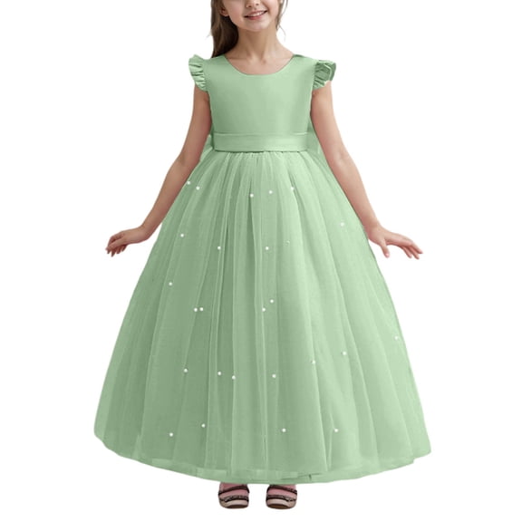 Ulitacool Winter Dresses For Girls Sleeveless Round Neck Elegant Long Formal Dress With Bow And Beaded For Birthday Party Pageant Gown Soft Wear Light Green 8-9 Years