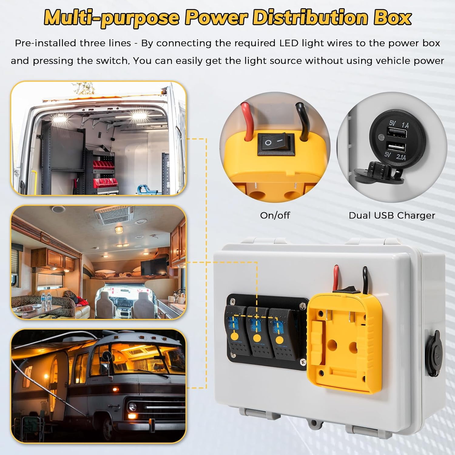 Power Distribution Box with Battery Adapter Fit for De.walt 20V Battery,with Pre-Installed Lines/Dual USB Charger/Low Voltage Protection