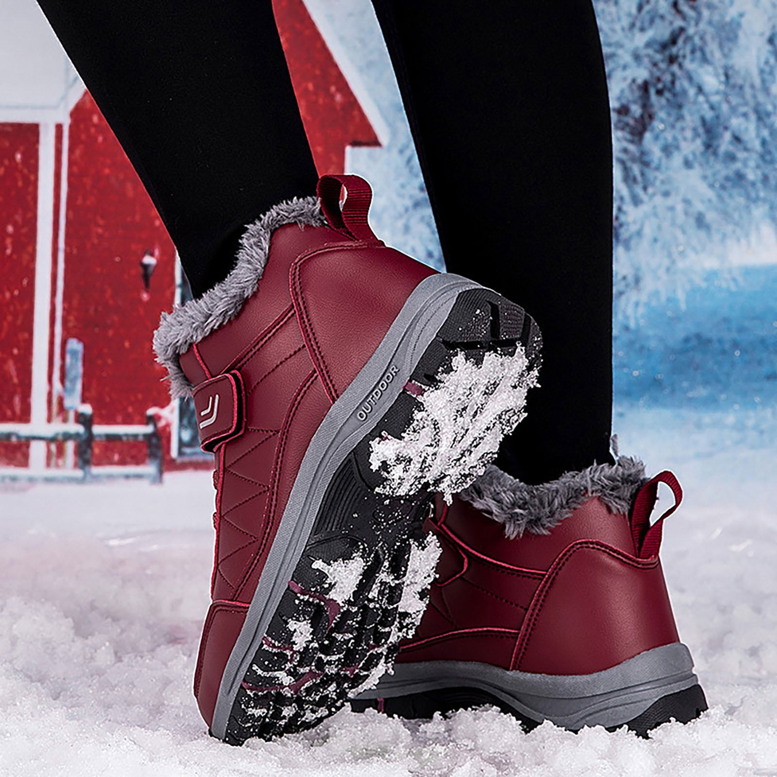 Waterproof Snow Boots for Women Outdoor AntiSlip Trekking Hiking Shoes Lace up Hook and Loop Plush Lined Winter Booties Red 10