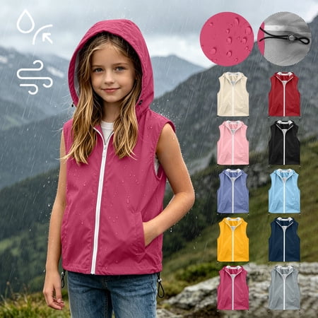 Liweisiy Boy s And Girl s Waterproof Hooded Vest Mesh Lined Full Zip Sleeveless Outerwear Windproof Casual Hiking Loungewear With Pockets Pink 7 Years