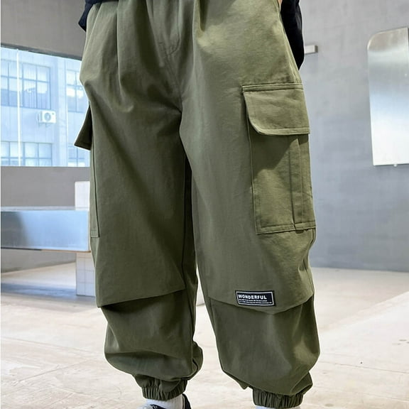 Baggy Cargo Pants for Teens Boys Size 8-15 Kids Cotton Elastic Waist Tapered Leg Solid Color Hiking Jogging Work Pant with Multi-Pockets