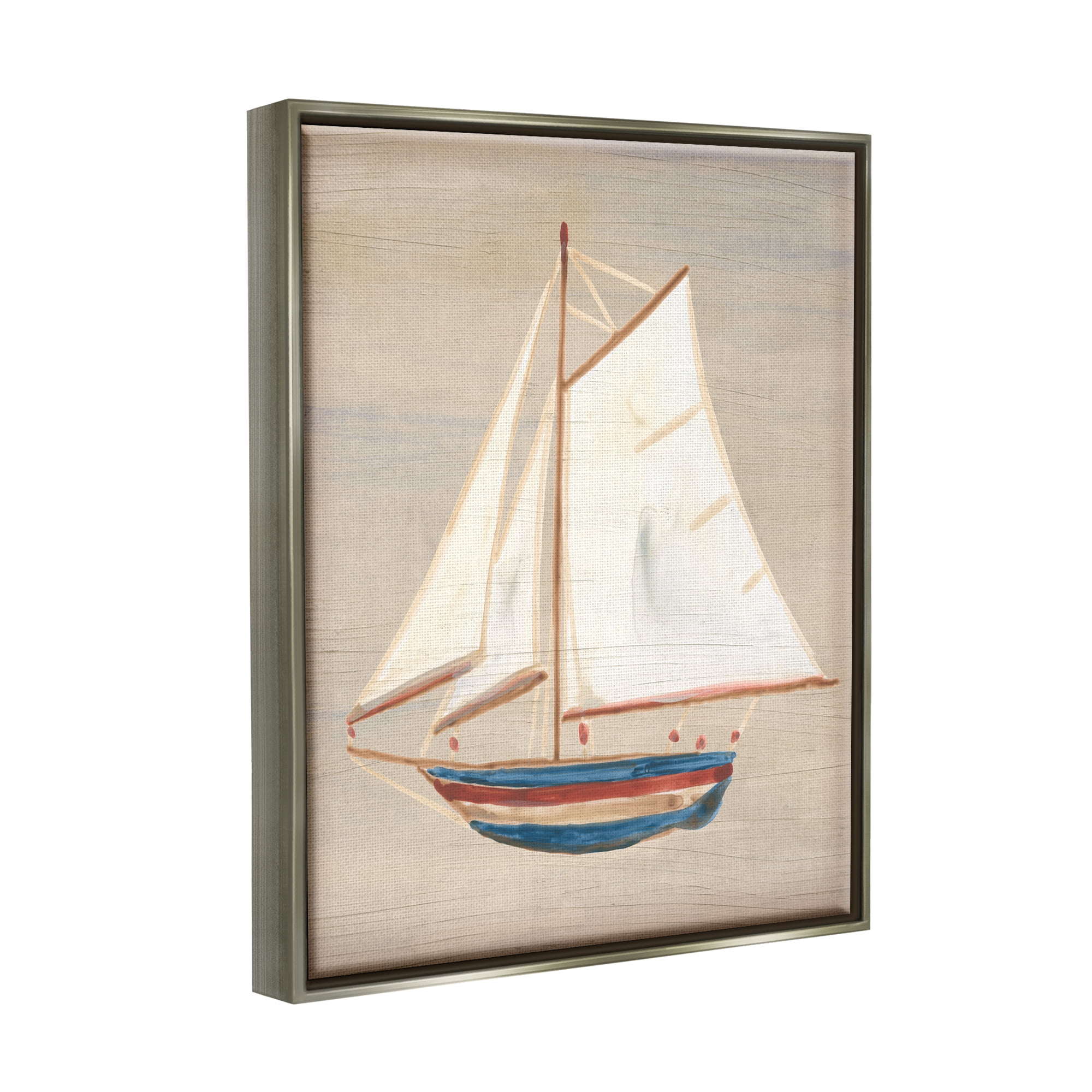 Stupell Industries Blue & Red Sailboat Transportation Painting Gray Floater Framed Canvas Art Print Wall Art, 17 x 21