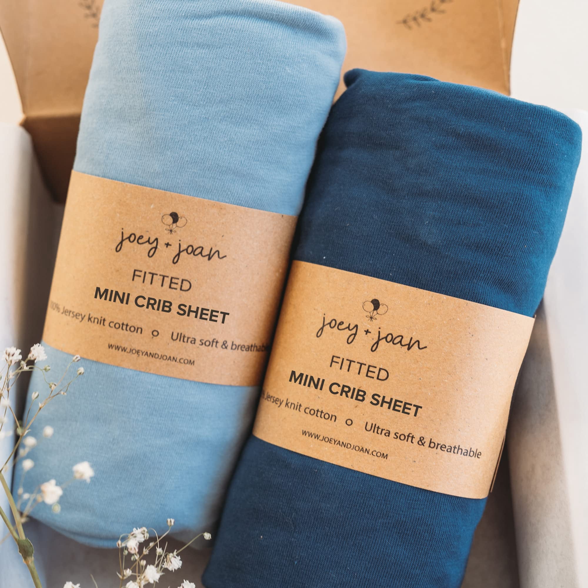 Joey and Joan Mini Crib Sheet for Dream On Me & Delta Porta, Dusty Blue, Navy, 2 Count