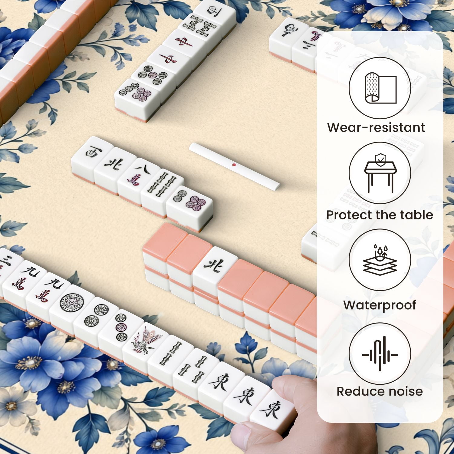 Mahjong Mat 31.5" x 31.5" Blue Floral Border Peonies Non-Slip Noise Reduction Mahjong Tiles Table Cover for Dominoes Poker Card Board and Tile Games