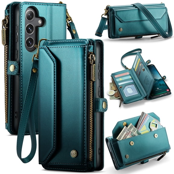 for Samsung Galaxy S25 Plus Crossbody Wallet Case,with 10 Card Slots, Zipper Pocket and Magnetic Flip Folio, PU Leather Wristlet Shoulder Strap 3-in-1 Case for Women and Men,Green