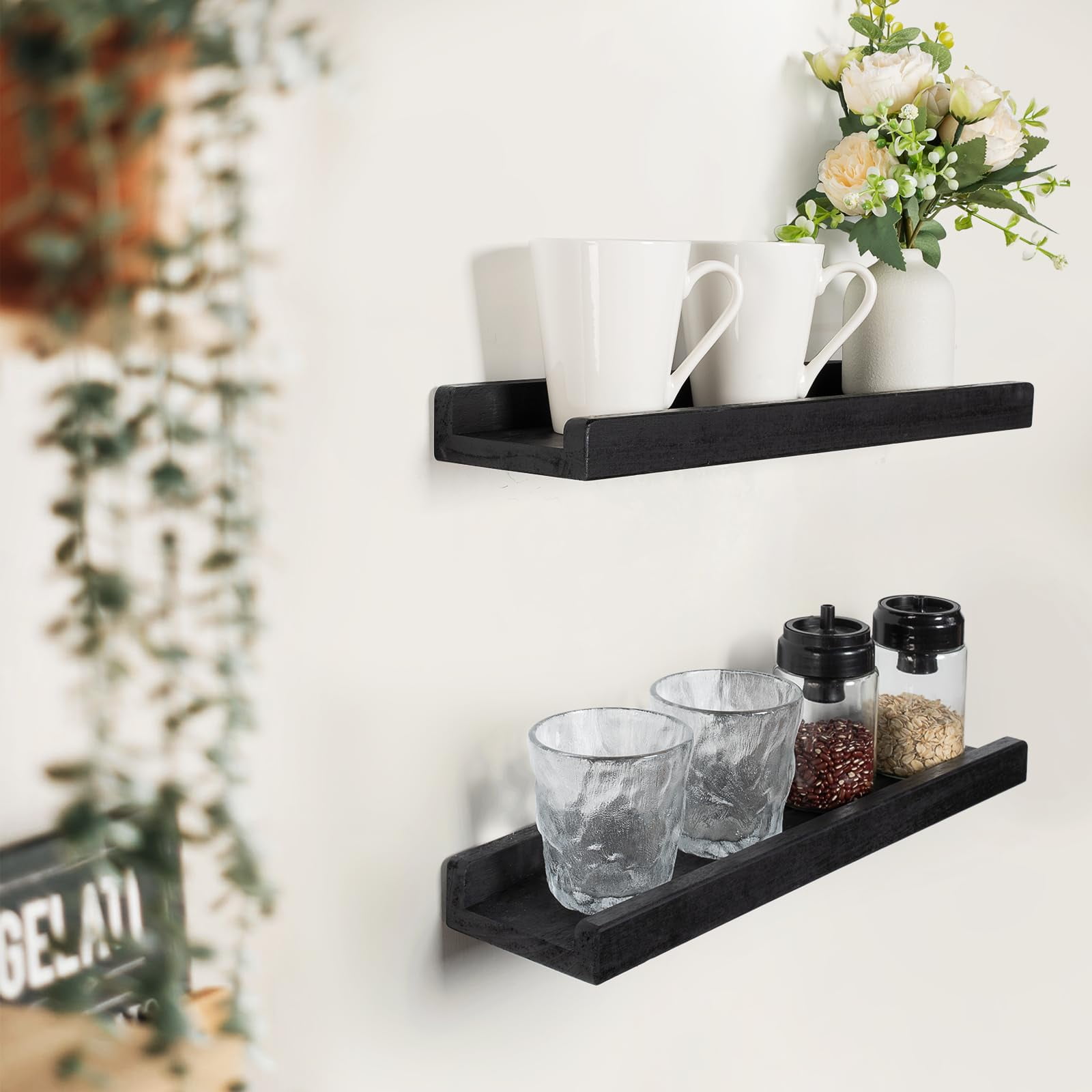 Sfugno Floating Ledge Shelves Rustic Wood Wall Shelf Set of 3 for Storage and Display 16.9 inch Vintage,Black