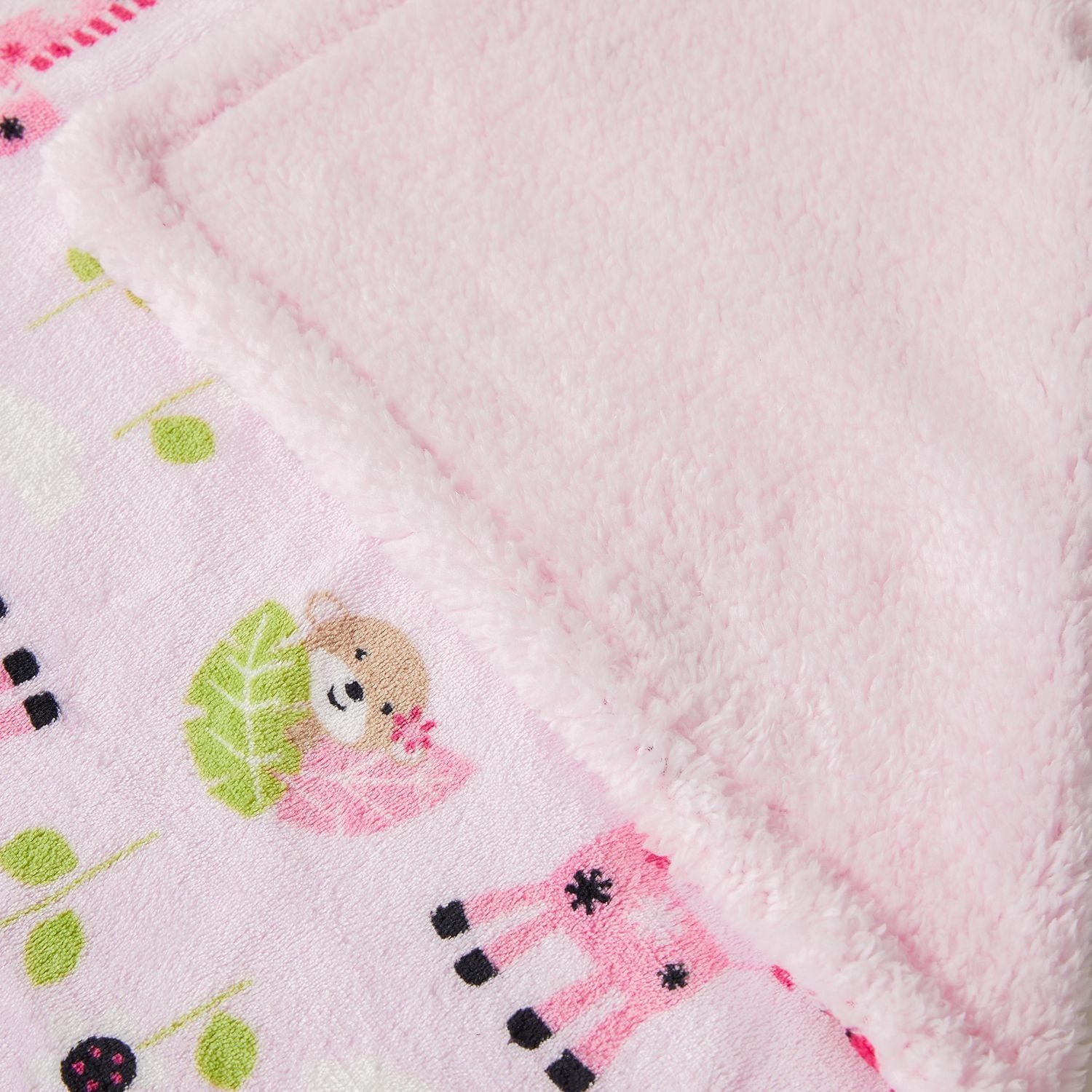 Couverture réversible en flanelle polaire Sherpa pour enfants, motif girafe et singe avec base rose, 76 x 101 cm, motif brun, vert et rose