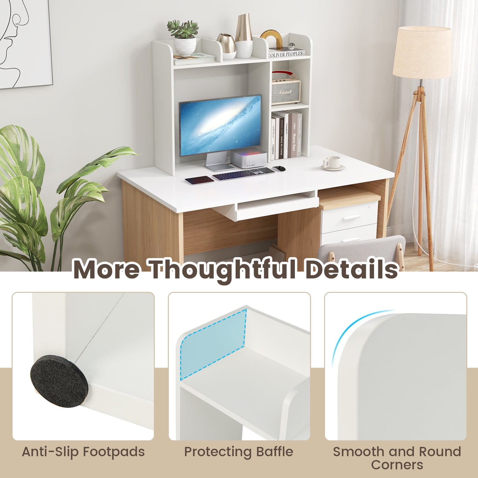 Giantex Desk Bookshelf, Wood Desk Hutch w/5 Shelves, Computer Table Display Rack, Organizer Shelf for Dorm Office Home, White