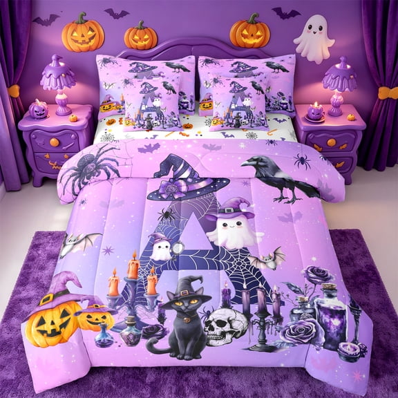 Homewish Halloween ABC Print A 7-Piece Twin Bedding,Personalized Monogrammed Gifts Bedding Comforter Set,Halloween Reversible