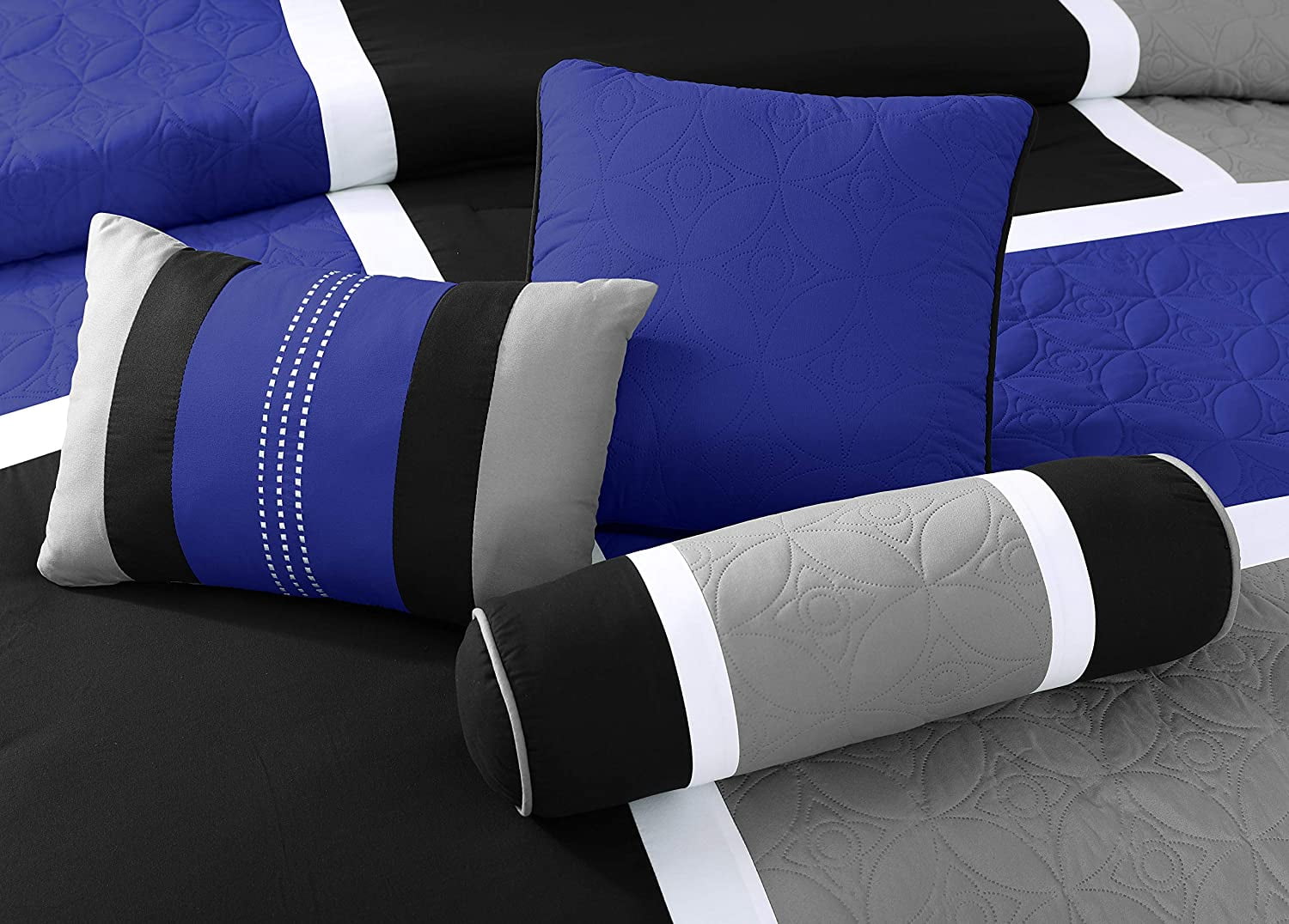 Chezmoi Collection 7-Piece Medallion Patchwork Comforter Set, Full, Blue/Gray/Black