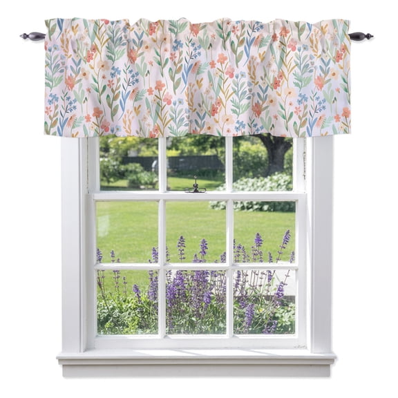 Spring Florals Valances for Windows, Colorful Gradient Wildflowers Field Farm Plant Valance Window Treatment Rod Pocket Short Curtains Valances for Kitchen Bathroom 42"W x 12"L