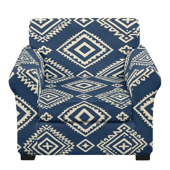 FKELYI Stretch Armchair Slipcover 2 Pcs Set Couch Sofa Cover with Separate Cushion Cover Blue Bohemian Geometric Print Non-Slip Furniture Protector Washable Living Room Decor