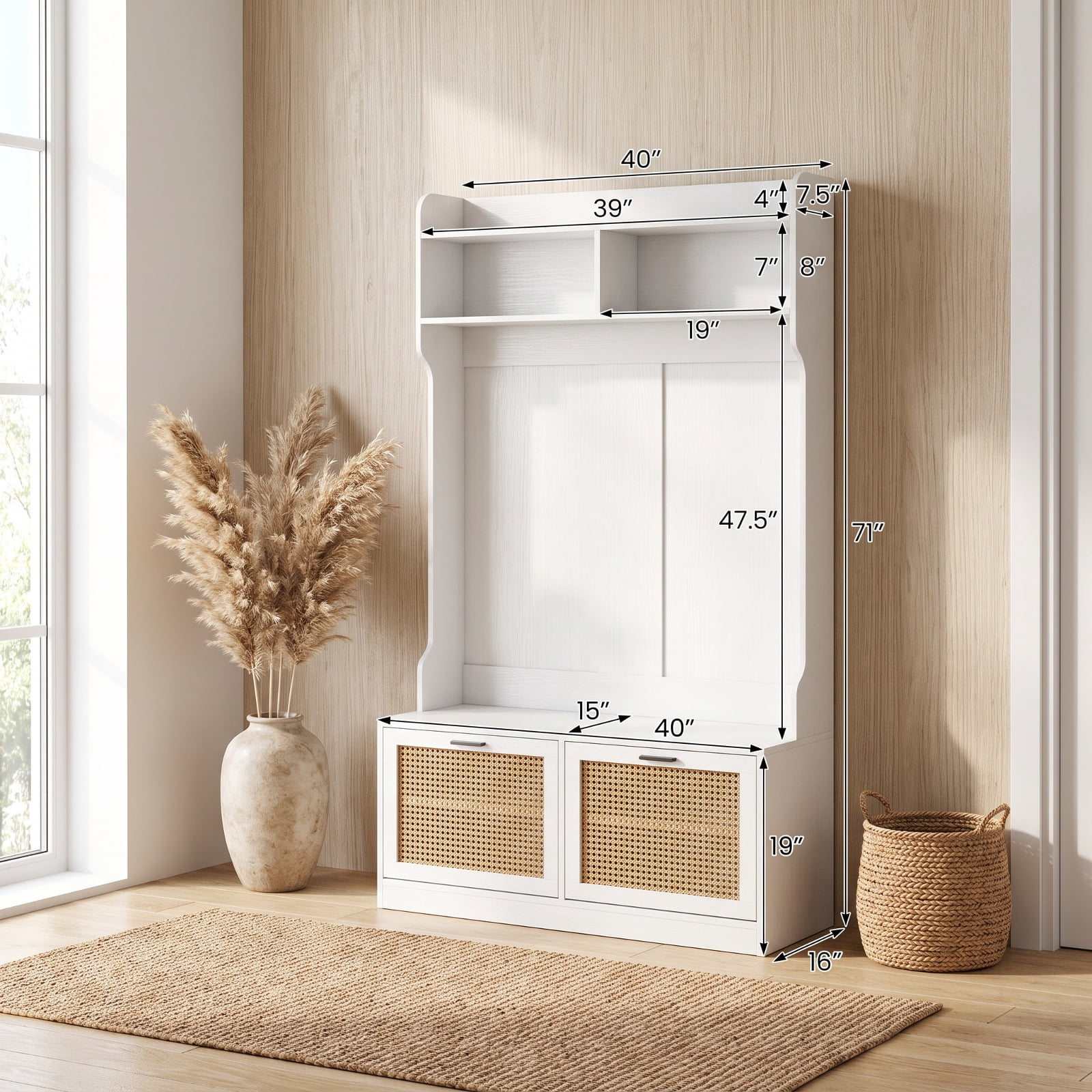 Furnibear 4 in 1 Entryway Hall Tree with Coat Rack and Flip Drawers and Storage Bench for Mudroom and Foyer and Hallway, White