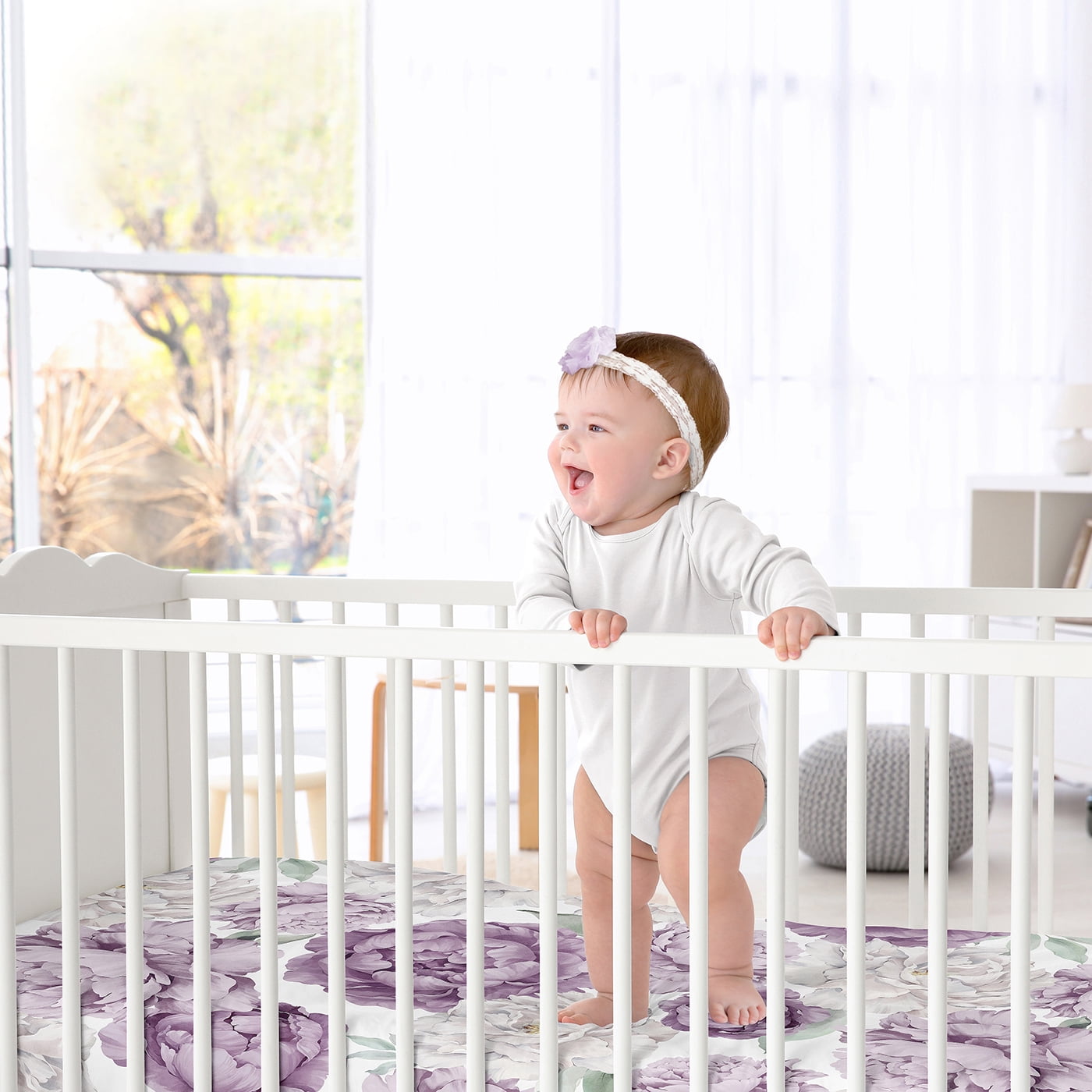 Sweet Jojo Designs Peony Floral Garden Purple Ivory Fitted Crib Sheet
