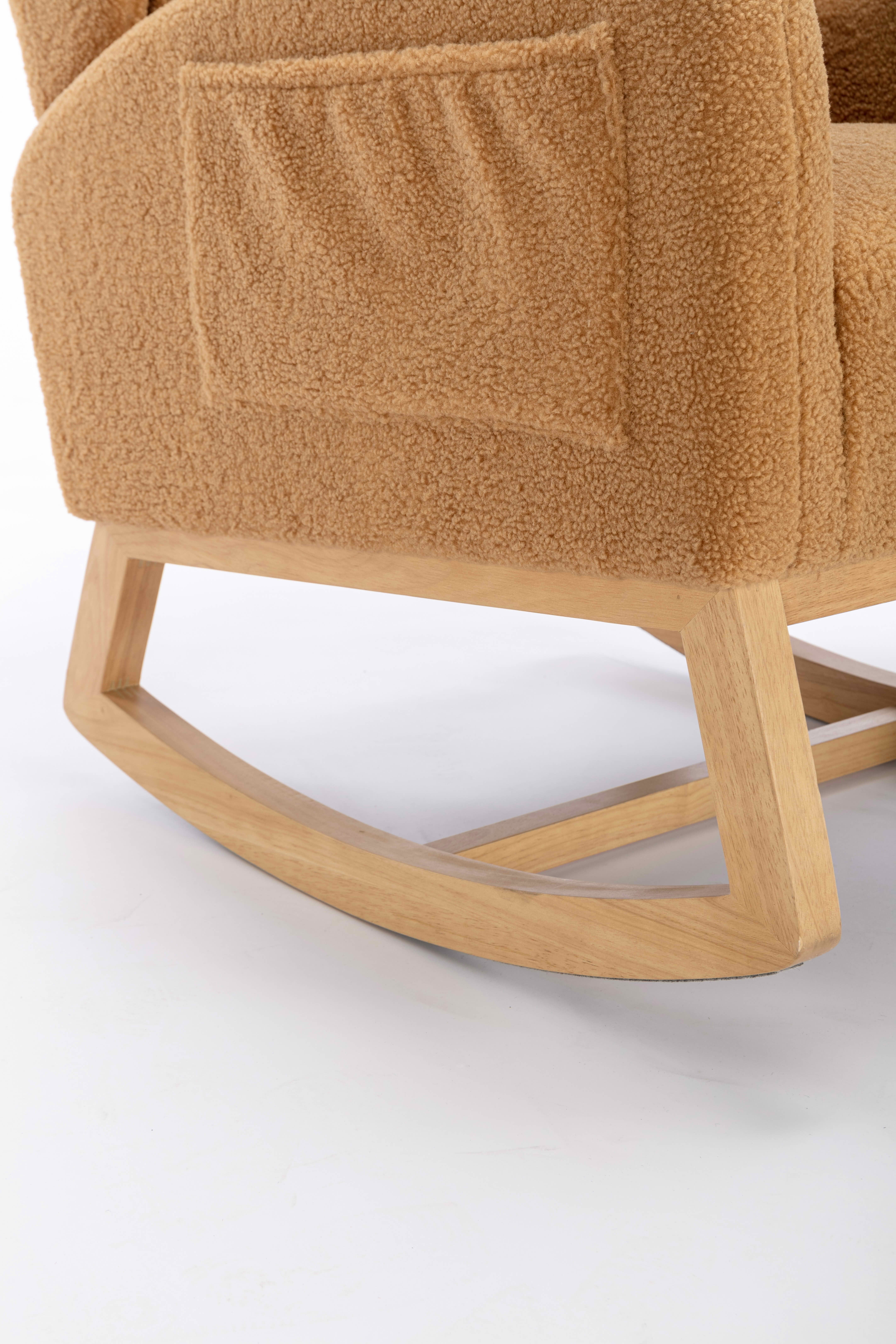 MAYEERTY Teddy Fabric Rocking Chair, with Packet Wood Legs, Khaki