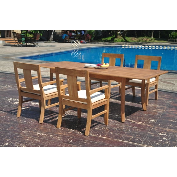 Grade-A Teak Dining Set: 4 Seater 5 Pc: 94" Double Extension Rectangle Table And 4 Osborne Arm Chairs Outdoor Patio WholesaleTeak #WMDSWVm
