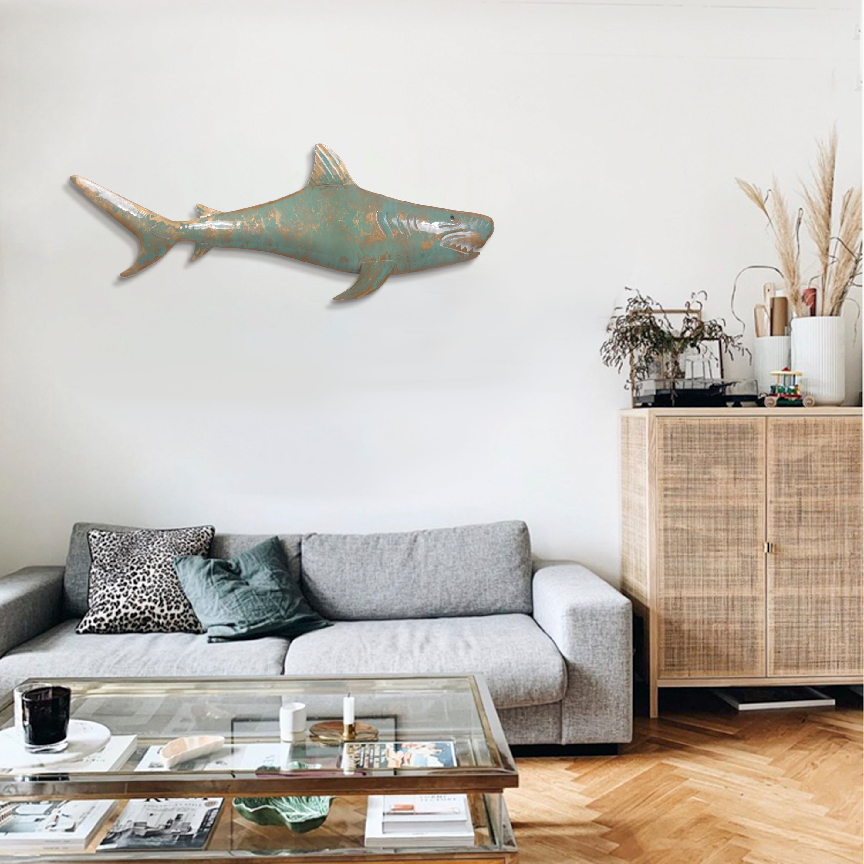 Rustic Teal and Gold Metal Shark Wall Sculpture