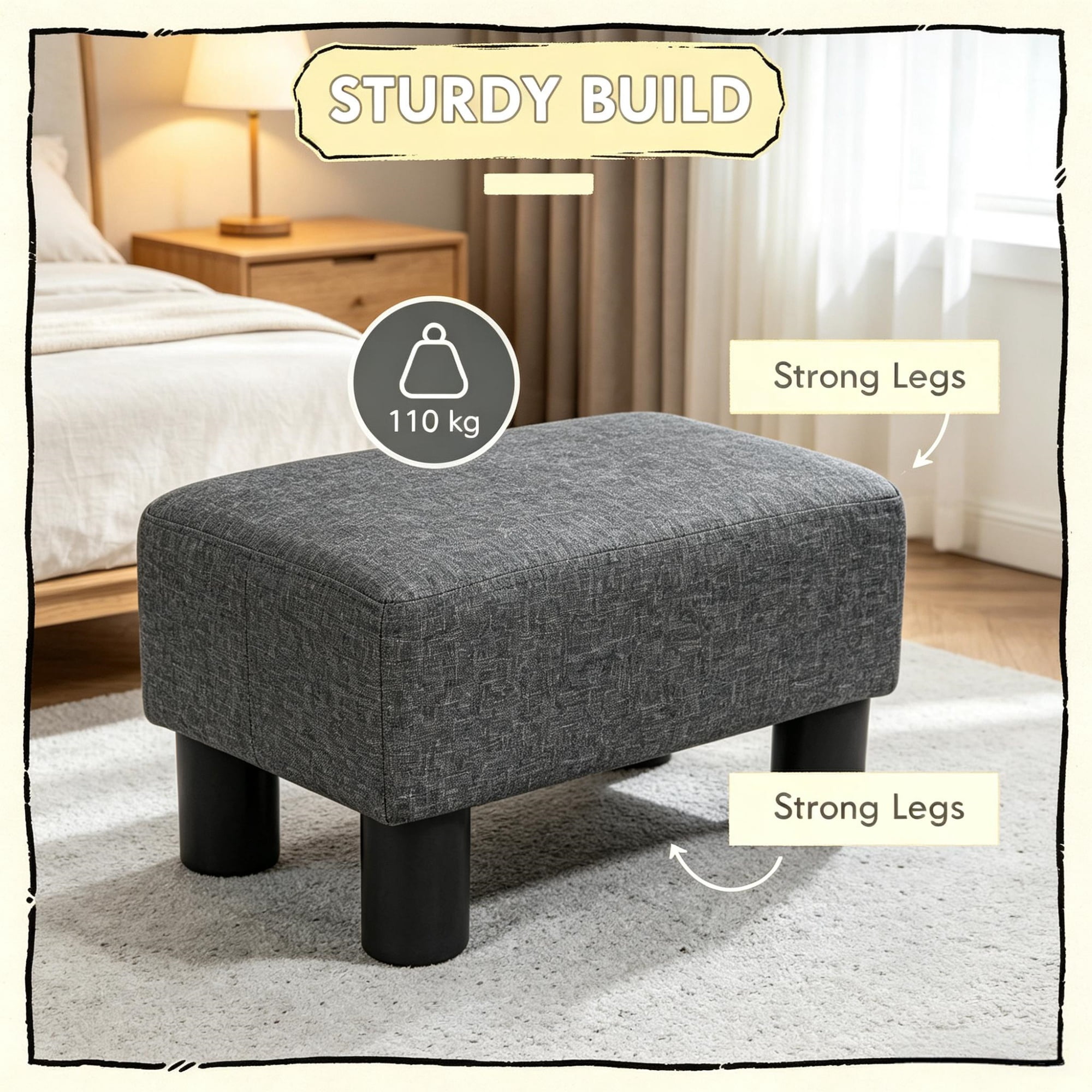 Foot Stool, Cube Ottoman Foot Rest with Sturdy Plastic Legs for Cozy Seating, Small Charcoal Gray Linen