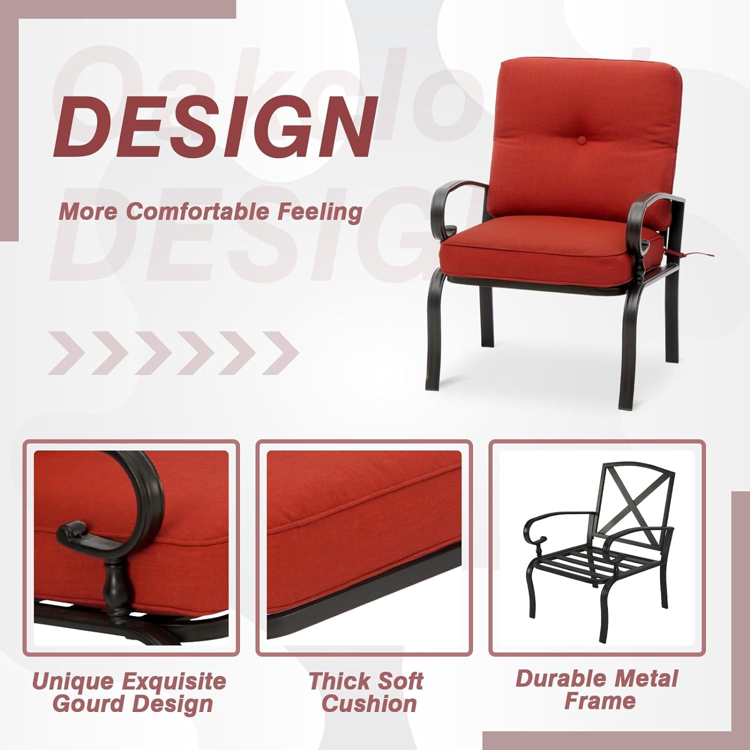 SOLAURA Patio Outdoor Metal Dining Chairs Set of 2 with Red Cushions