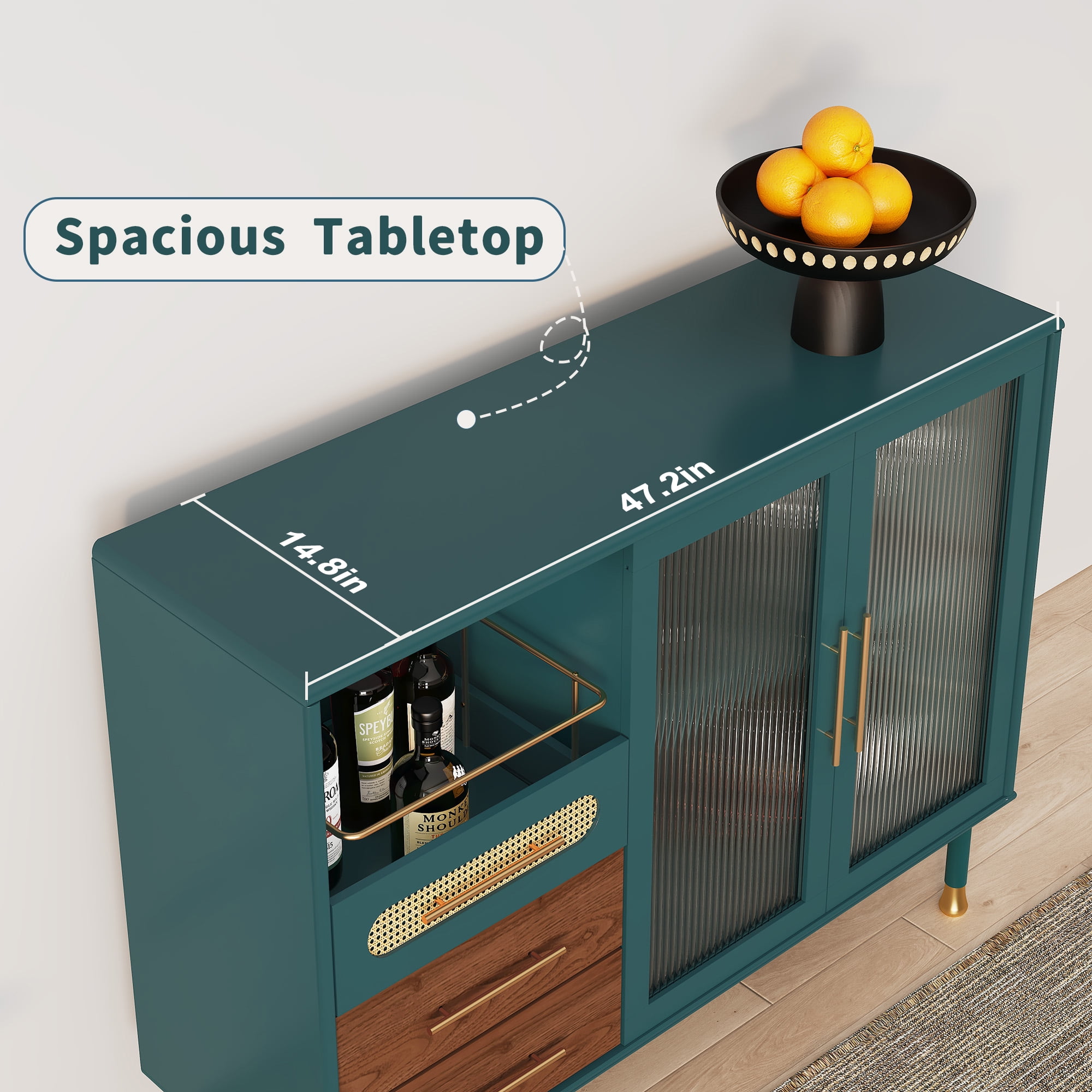 HLR 47.2" Coffee Wine Bar Cabinet with 2 Glass Doors, Modern Buffet Sideboard Table for Dining Room, Green